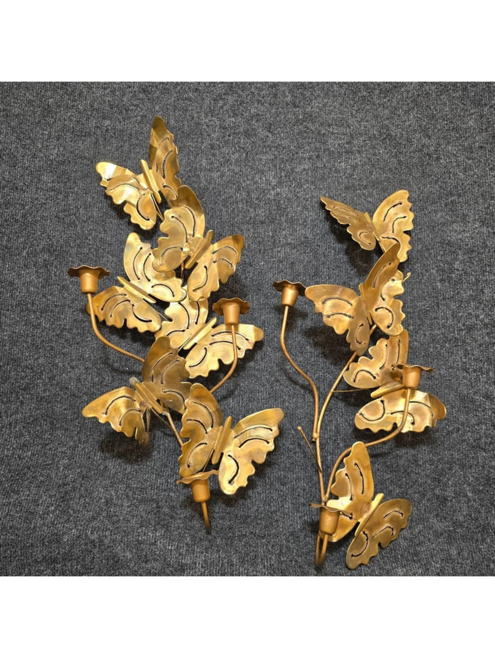 Vintage Brass Butterfly Wall Sconces Pair Metal Candle Holder Set 70s Regency